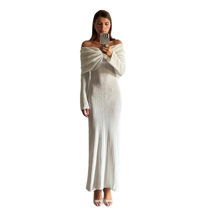 Women's Off-Shoulder Maxi Dress made of ribbed fine knit with draped sweetheart neckline and figure-hugging silhouette Mune Fashion