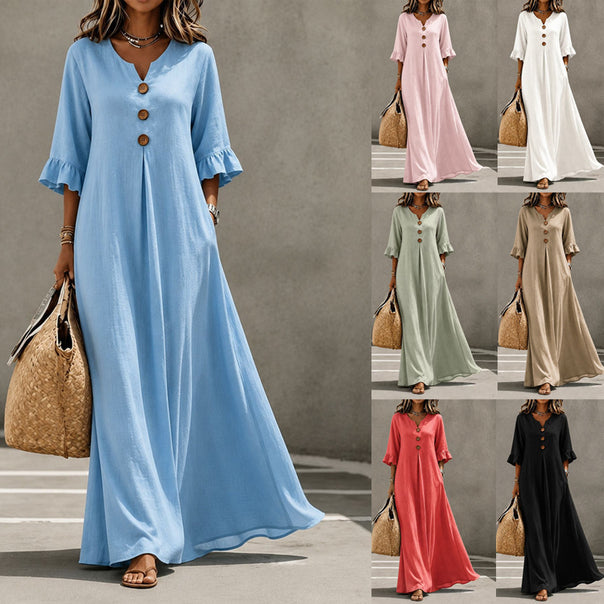 Women's Lightweight Maxi Dress in Linen Look with V-Neck, Decorative Button Placket and Flounce Sleeves Mune Fashion