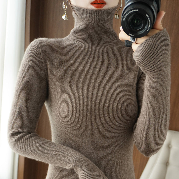 Women's Slim Roll Neck Sweater made of Cashmere Mix with Extra Long Sleeve Cuffs Mune Fashion