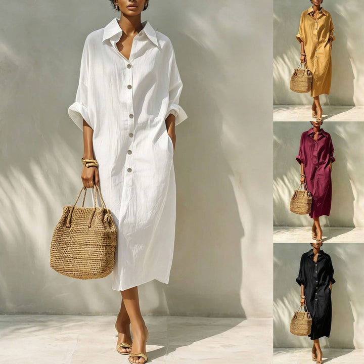 Women's Long Oversized Shirt Dress with Kent Collar and Continuous Button Placket Drune