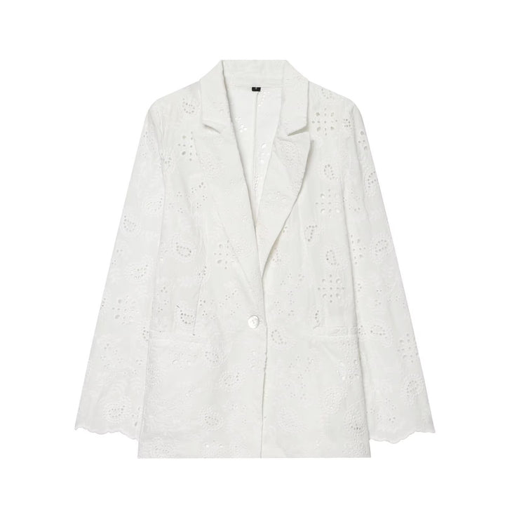 Women's Lightweight Broderie Anglaise Blazer with Shawl Collar and Eyelet Embroidery Mune Fashion