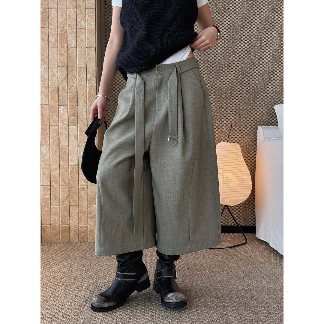 Women Wide High-Waist Pleated Culottes with D-Ring Tie Belt Mune Fashion