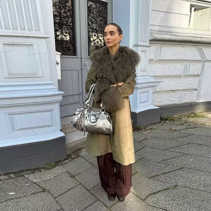 Women's Tailored Faux Velvet Coat with Tied Belt and Bulky Teddy Collar Mune Fashion