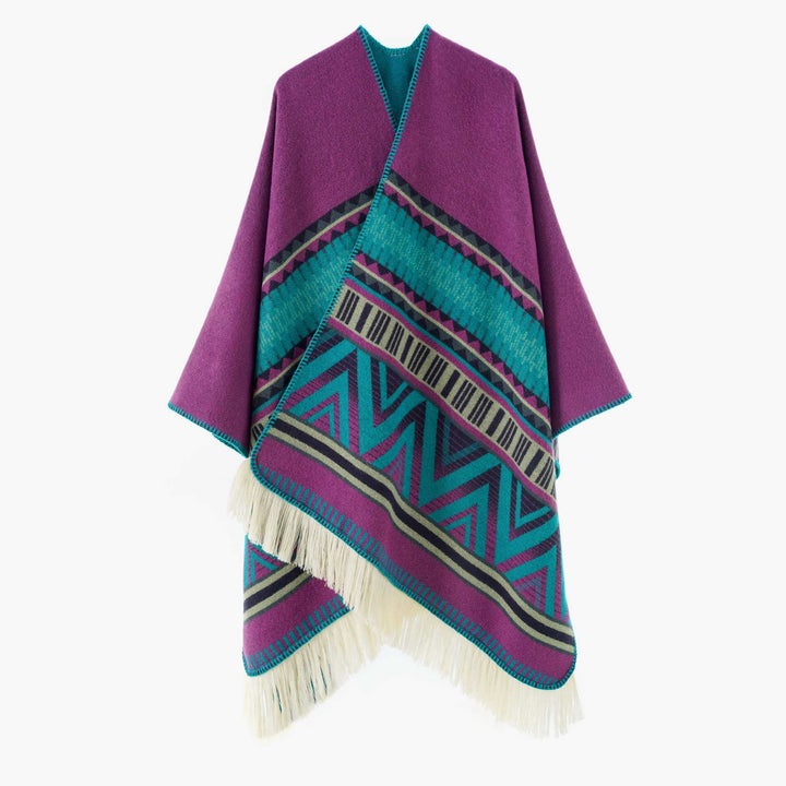 Ladies Jacquard Ruana with fringes and folk pattern Mune Fashion