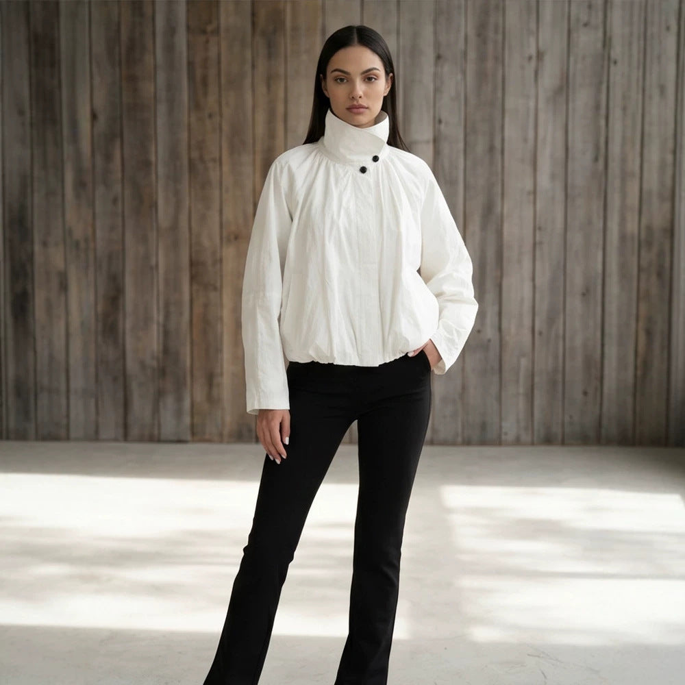 Women's short jacket with high stand-up collar, gathered shoulder area, and elastic hem Mune Fashion