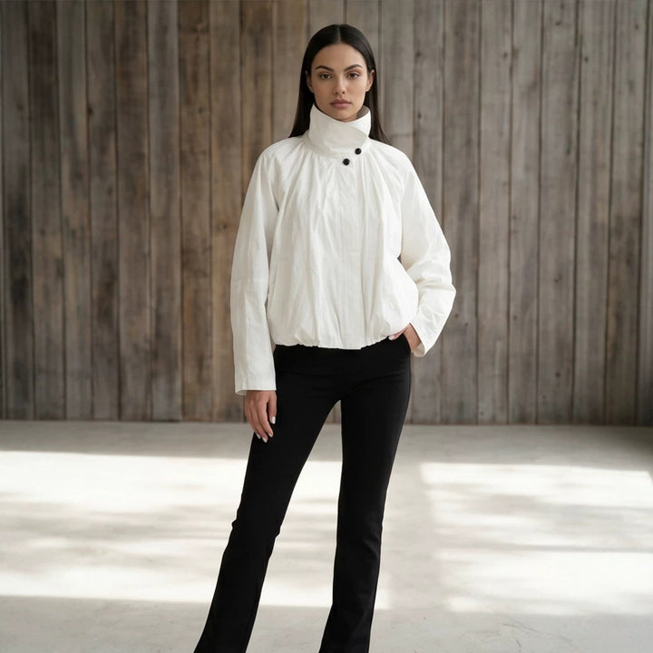 Women's short jacket with high stand-up collar, gathered shoulder area, and elastic hem Mune Fashion