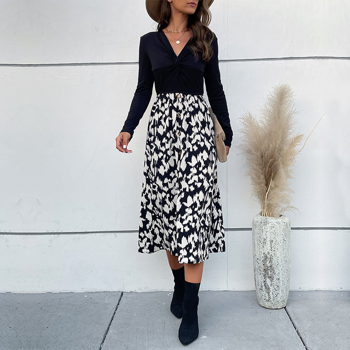 Women Elegant Wrap Dress with Long Sleeve and Floral Skirt Mune Fashion