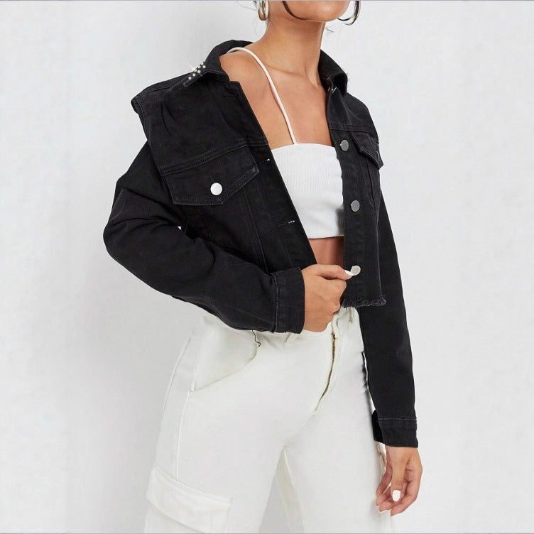 Women's Cropped Denim Jacket with Studded Collar, Frayed Hem and Flap Pockets Mune Fashion