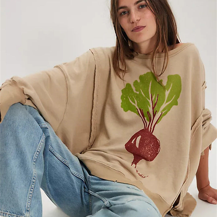 Women oversized sweatshirt with beet print, fringed seam accents and thumbhole sleeves Mune Fashion