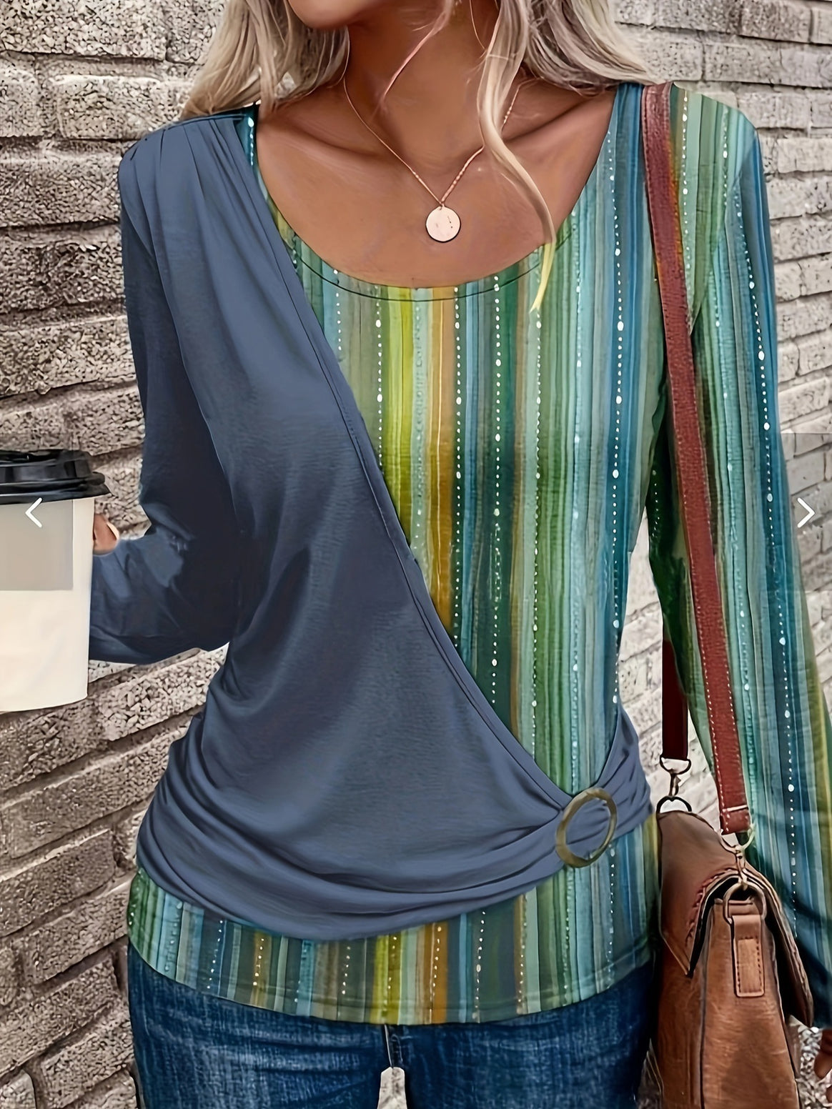 Women's Layered Look Wrap Shirt with Asymmetrical Draping and Striped Bottom Drune
