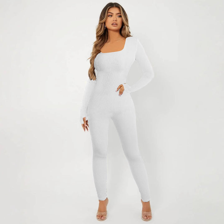 Women's Ribbed Skinny Jumpsuit with Square Neckline, Long Sleeves and Thumbhole Mune Fashion
