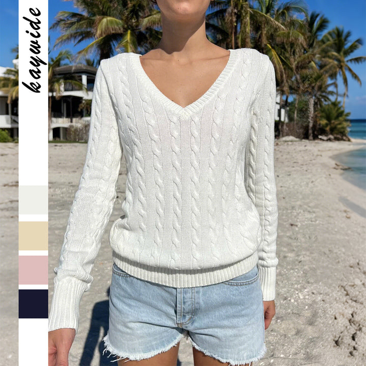 Women's fine knit pullover with cable pattern, deep V-neck and narrow waistband fit Mune Fashion