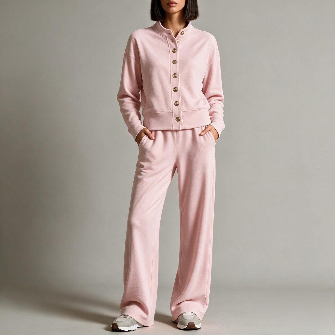 Women's sweat jacket with snap button placket, standing collar, and soft lounge cut Mune Fashion