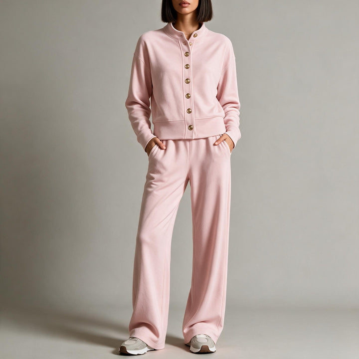 Women's sweat jacket with snap button placket, standing collar, and soft lounge cut Mune Fashion