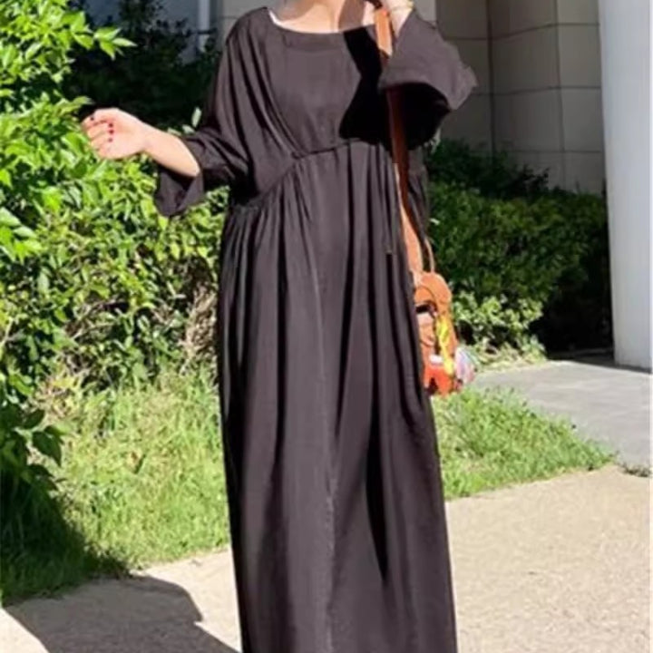 Ladies Long Smock Maxi Dress with Deep Waist Seam and Wide Bell Skirt Mune Fashion