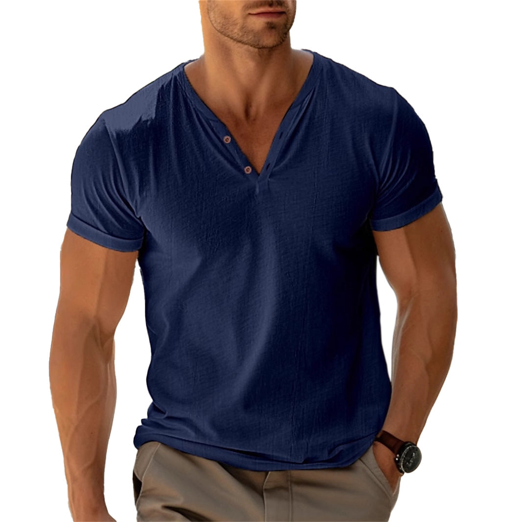 Men's fitted Henley T-shirt with V-neck, short button placket and roll-up sleeves Mune Fashion