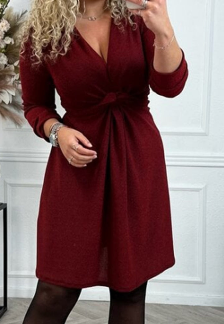 Women's knee-length V-neck dress with gathered waistband made of lightweight glossy knit Mune Fashion