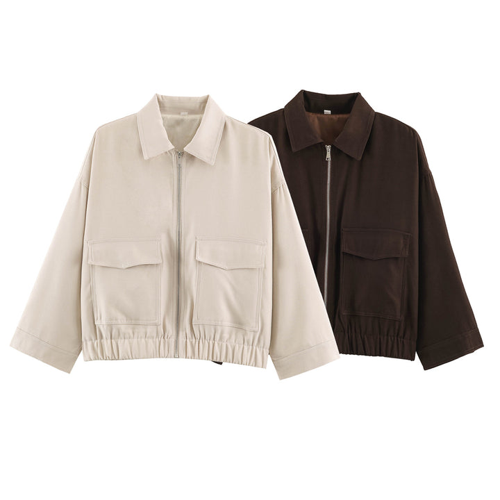 Women's Cropped Oversized Blouson Jacket with Large Flap Pockets, Full-Length Zipper and Elastic Hem Mune Fashion