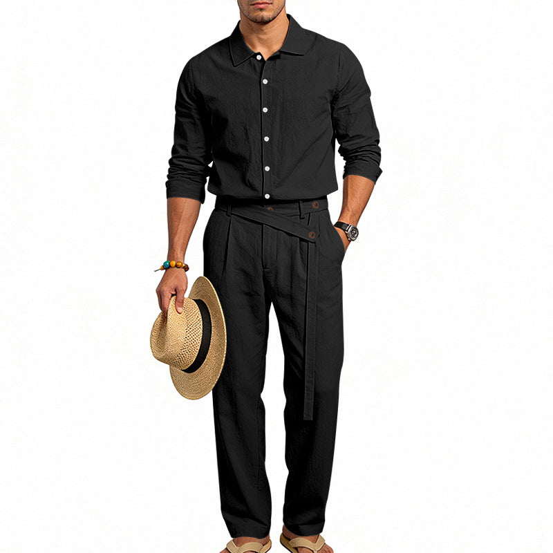 Men's elegant linen two-piece set with shirt and high-waisted pants with tie belt Mune Fashion