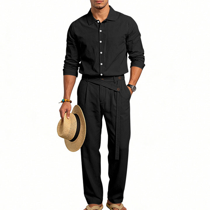 Men's elegant linen two-piece set with shirt and high-waisted pants with tie belt Mune Fashion