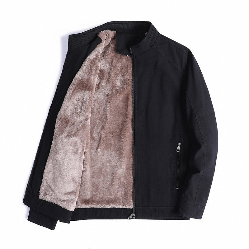 Men's Canvas Field Jacket with Teddy Fleece Lining, Stand Collar and Zipper Mune Fashion