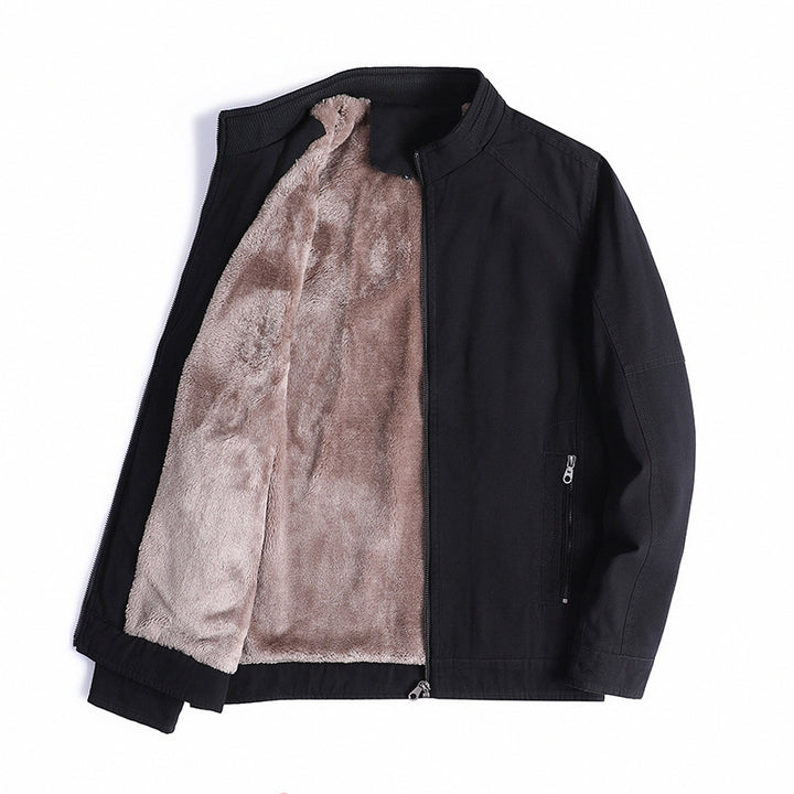 Men's Canvas Field Jacket with Teddy Fleece Lining, Stand Collar and Zipper Mune Fashion