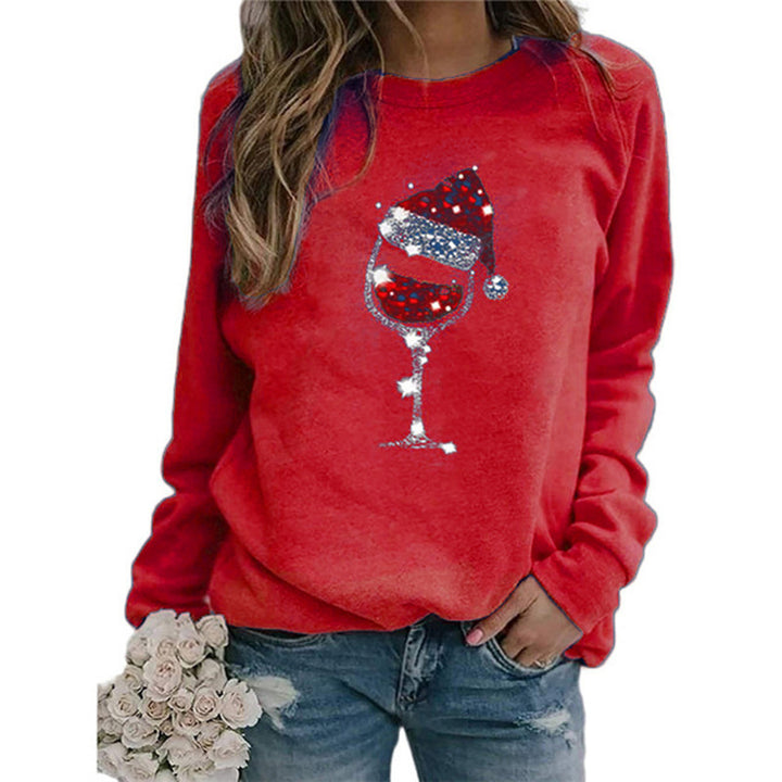 Women's Christmas Sweatshirt with Sequin Wine Glass and Round Neckline Mune Fashion