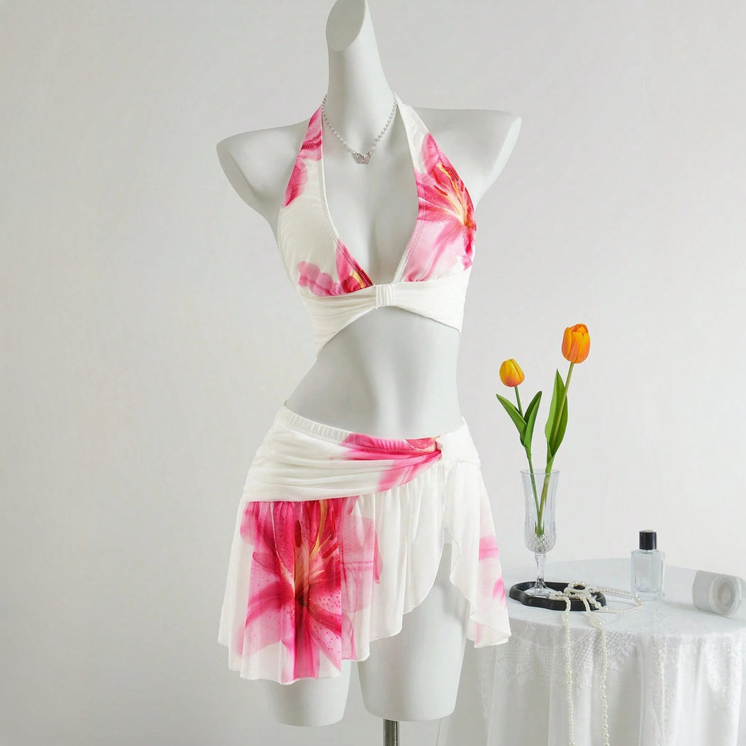 Women's Flower Pattern Bikini Set with Elegant Skirt Mune Fashion