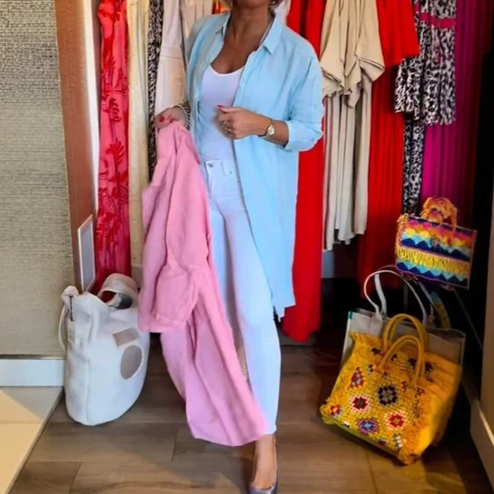 Women's open long blouse in linen mix with Kent collar, dropped shoulder and side slits Mune Fashion