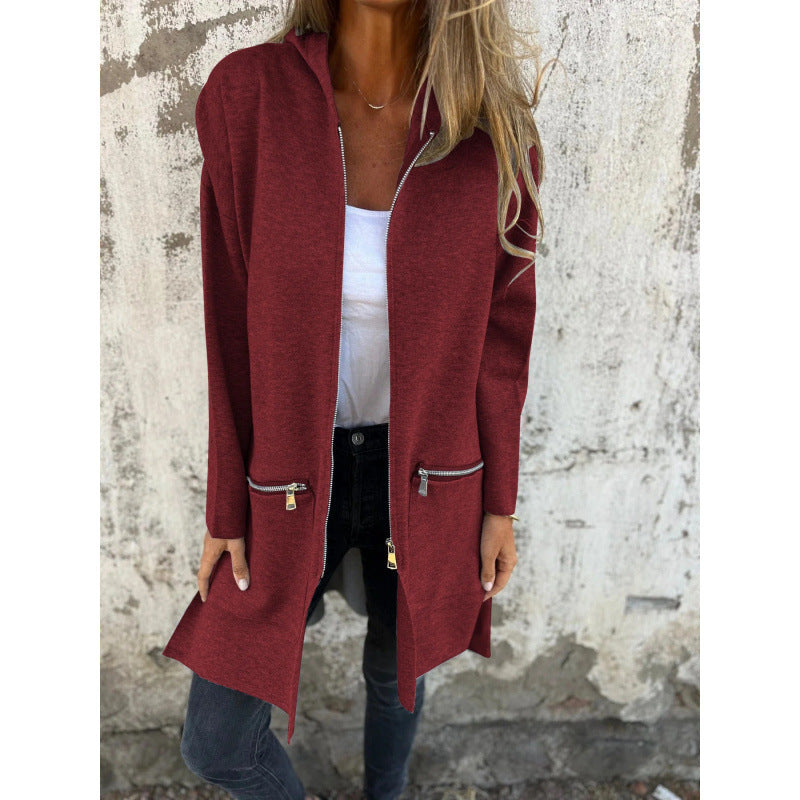 Women’s Hooded Long Cardigan with Full Zip and Decorative Pockets Mune Fashion