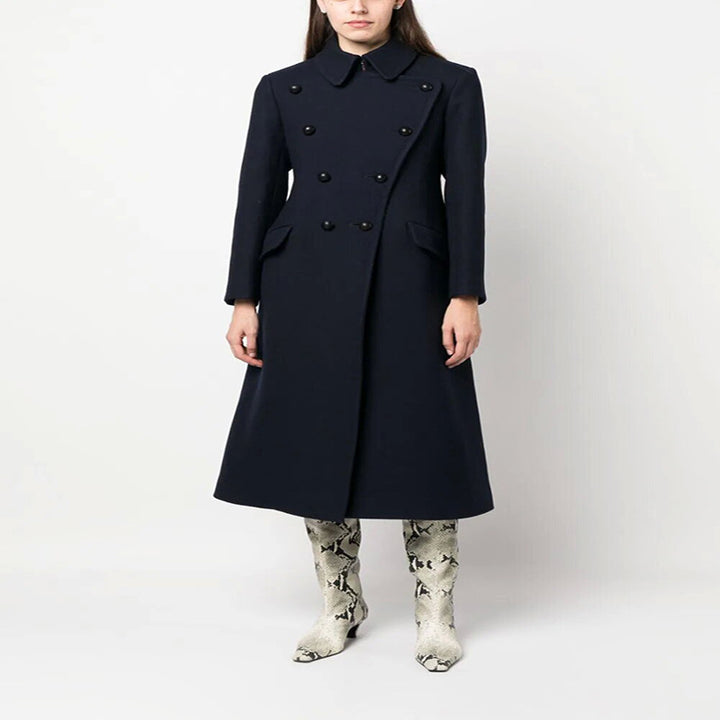 Women Double-breasted A-line Wool Blend Coat with Round Collar and Flap Pockets Mune Fashion