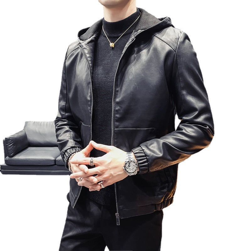 Men's Leatherette Hooded Blouson with Mesh Inner Hood, Slim Silhouette and Full Zipper Mune Fashion