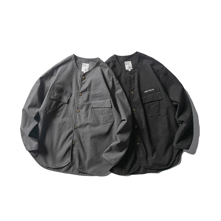 Unisex Collarless Overshirt Jacket with Snap Button Placket and Patch Chest Pockets Mune Fashion