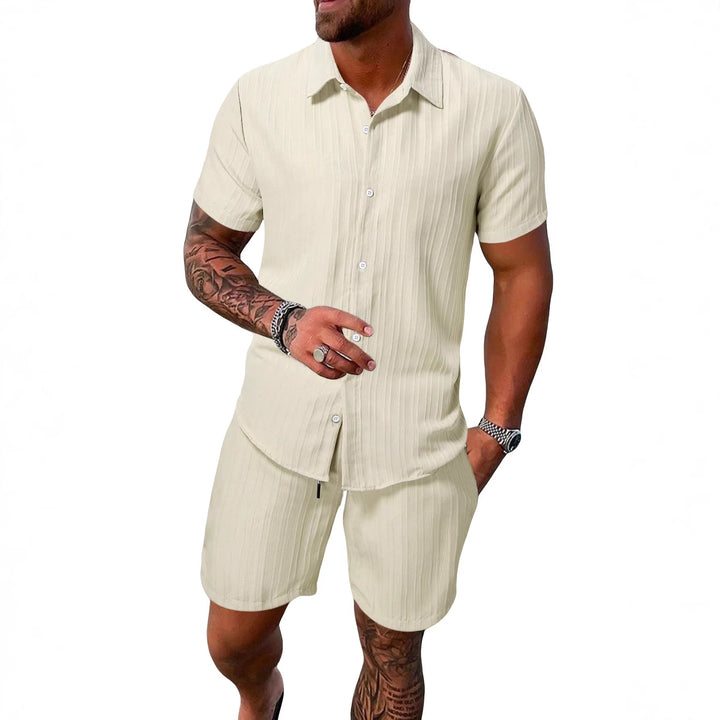 Men's lightweight short-sleeve shirt with open collar and matching casual shorts made of textured cotton blend Mune Fashion