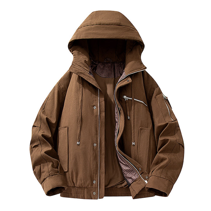 Men's Utility Hooded Jacket with Zipper, Multifunctional Pockets and Elastic Hem Drune