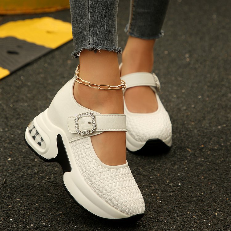 Women's Platform Sneaker Mules with Knitted Upper, Decorative Straps and Sculpted Air Sole Mune Fashion