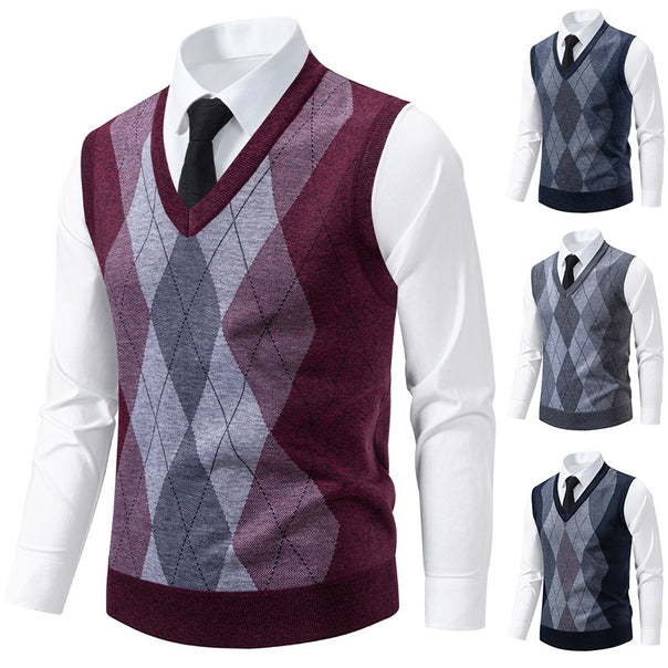 Men's sleeveless V-neck knitted vest with diamond pattern and fine merino mix Mune Fashion
