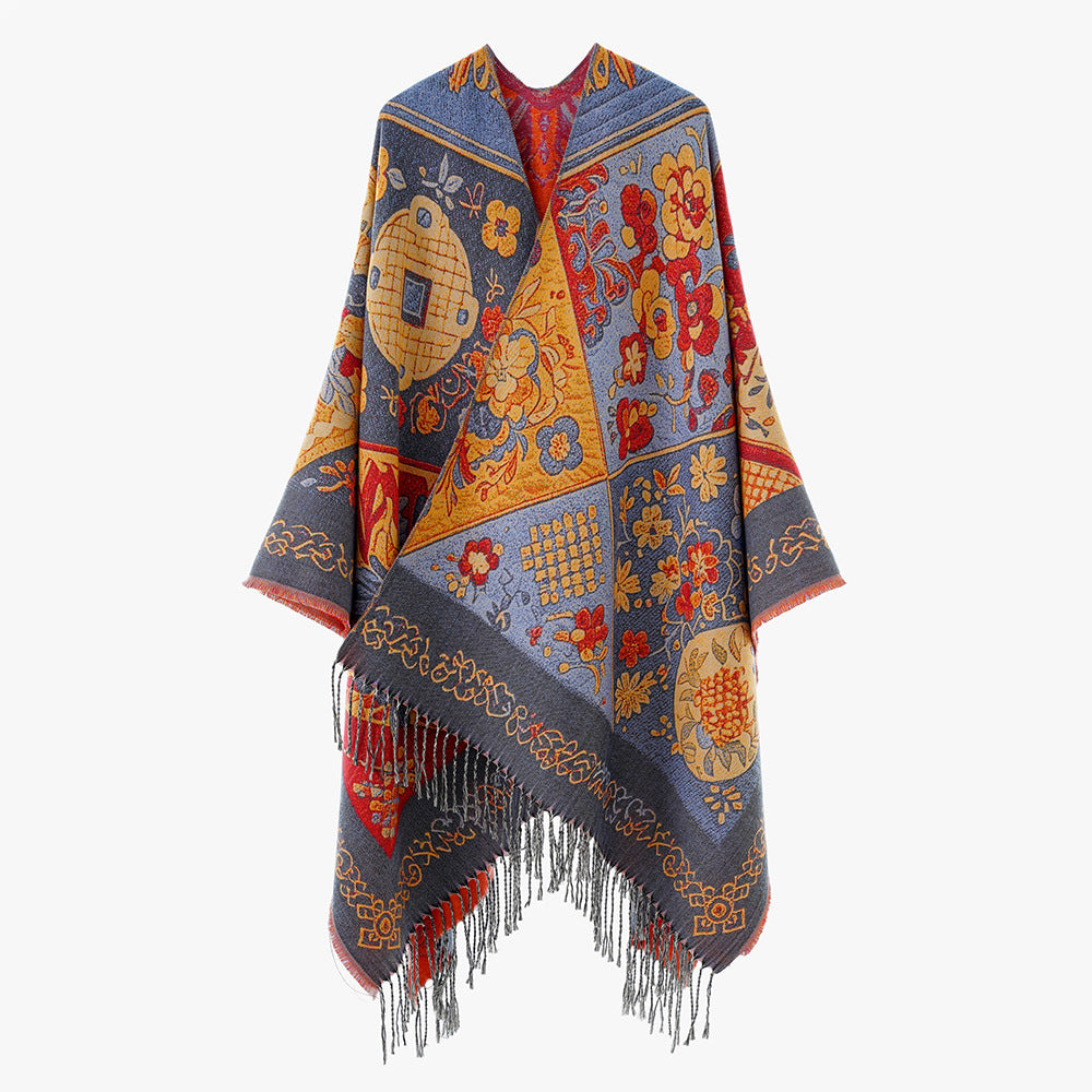 Women Jacquard Wool Blend Poncho with Patchwork Flower Pattern and Fringed Hem Mune Fashion