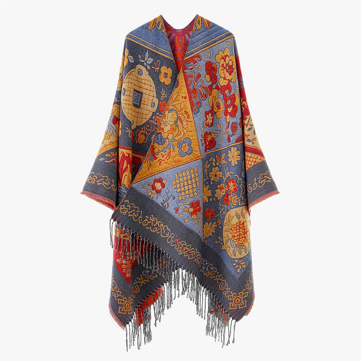 Women Jacquard Wool Blend Poncho with Patchwork Flower Pattern and Fringed Hem Mune Fashion