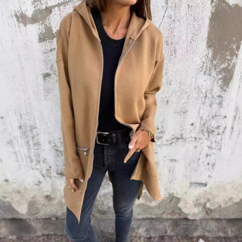 Women’s Hooded Long Cardigan with Full Zip and Decorative Pockets Mune Fashion