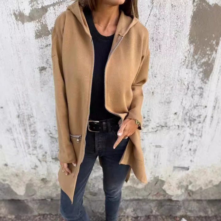Women’s Hooded Long Cardigan with Full Zip and Decorative Pockets Mune Fashion