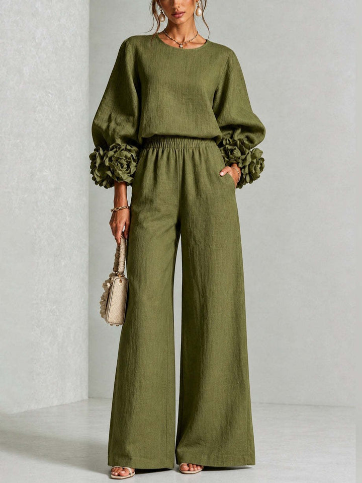 Women's Two-Piece Linen Blend Set with Wide Leg, Elastic Waistband and Floral Sleeves Mune Fashion