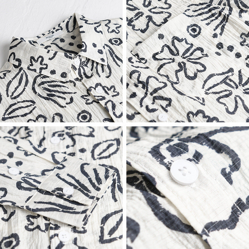 Men's Loose Crinkle Shirt with Hand-Drawn Floral Print and Chest Pocket Mune Fashion