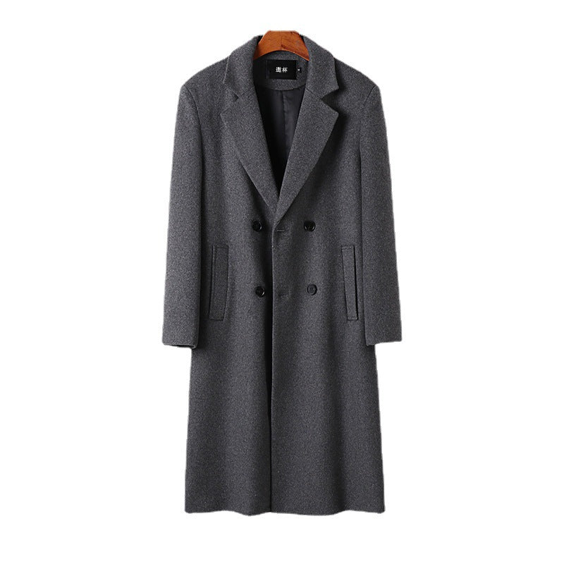Men's Elegant Wool Blend Long Coat with Double-Breasted Front and Draped Lapel Mune Fashion
