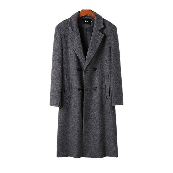 Men's Elegant Wool Blend Long Coat with Double-Breasted Front and Draped Lapel Mune Fashion