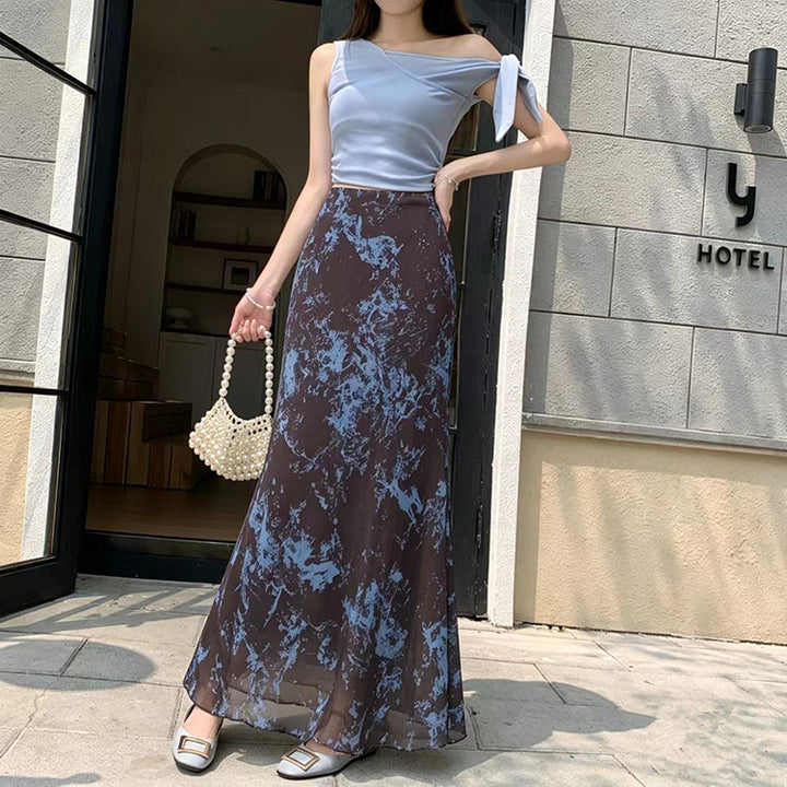 Women's flowing maxi skirt with A-line silhouette and fine vintage print, Mune Fashion
