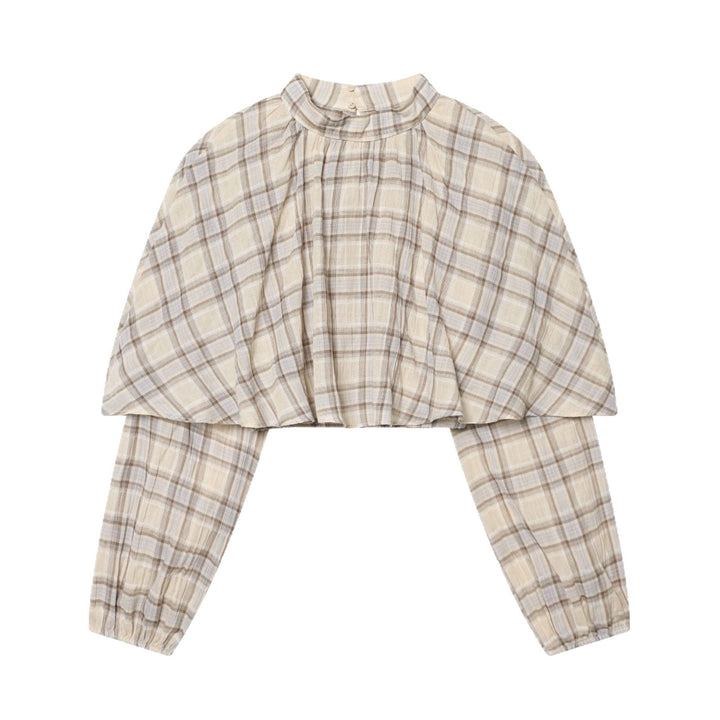 Women's Checked Blouse with Stand-Up Collar, Gathered Yoke and Voluminous Raglan Sleeves Mune Fashion
