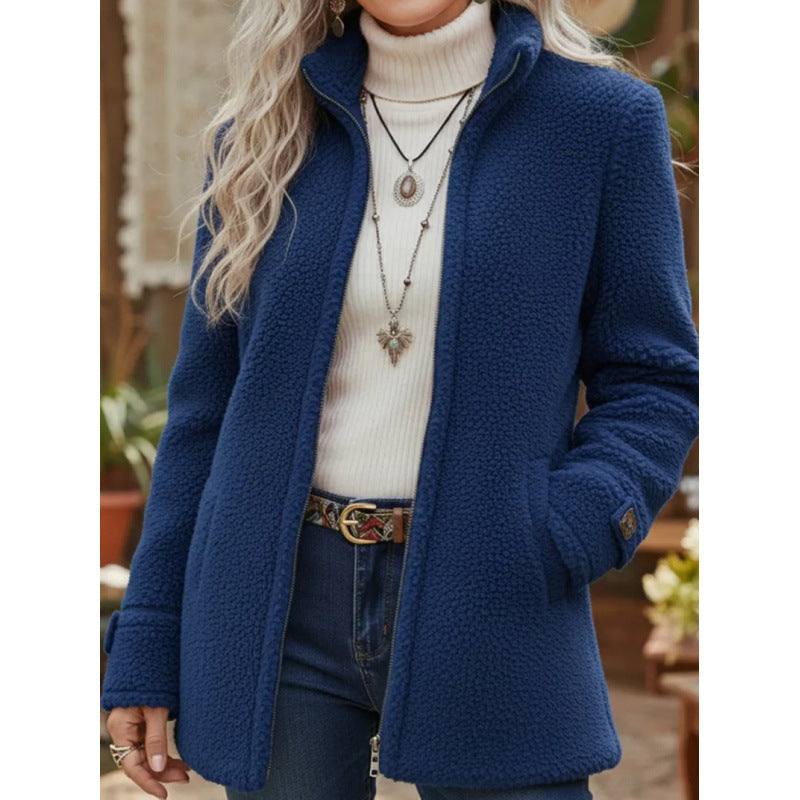 Women Cozy Teddy Cardigan Coat with Stand-Up Collar, Hidden Zipper and Decorative Button Cuffs Mune Fashion