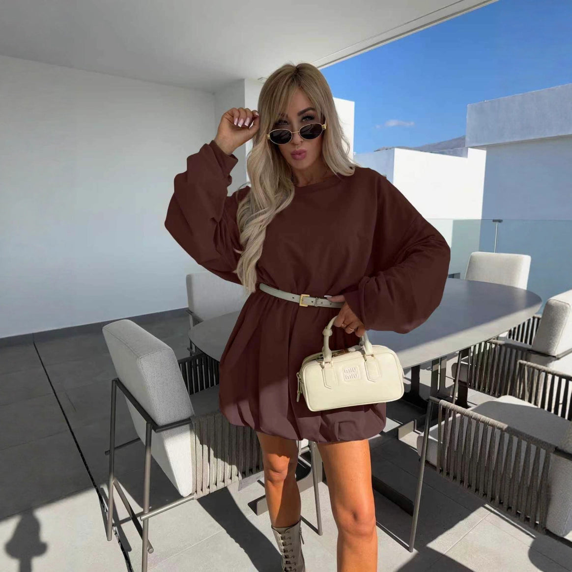 Ladies sweatshirt dress with balloon sleeves and waist belt Mune Fashion