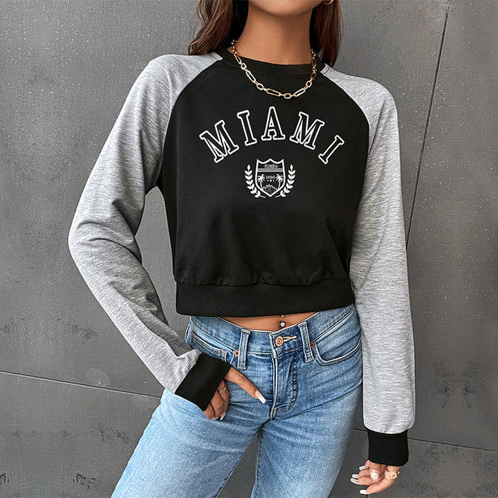 Women Short-Cropped College Sweatshirt with Raglan Sleeves and Elastic Hem Mune Fashion